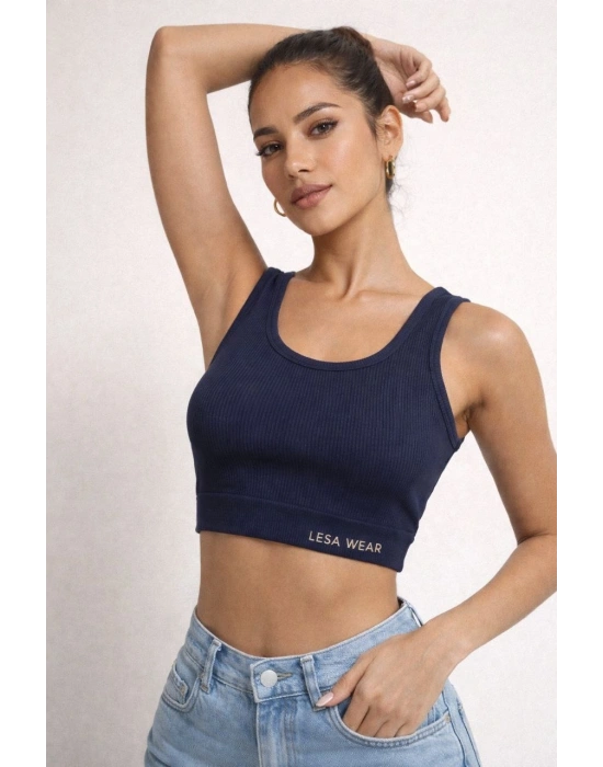 Kadın Fitilli Baskılı Crop - Lacivert