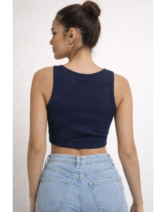Kadın Fitilli Baskılı Crop - Lacivert
