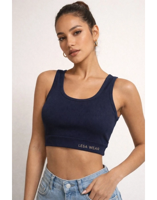 Kadın Fitilli Baskılı Crop - Lacivert