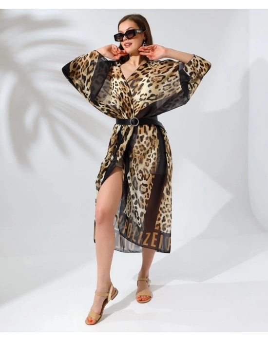 Kadın Rahat Kesim Şifon Kimono - Leopar