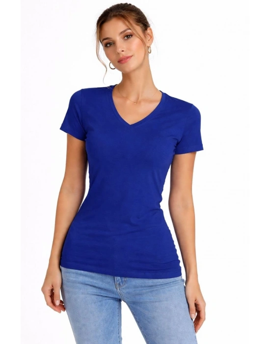 Kadın T-Shirt V Yaka Slim Fit Likralı Tişört Günlük Basic Body - İndigo