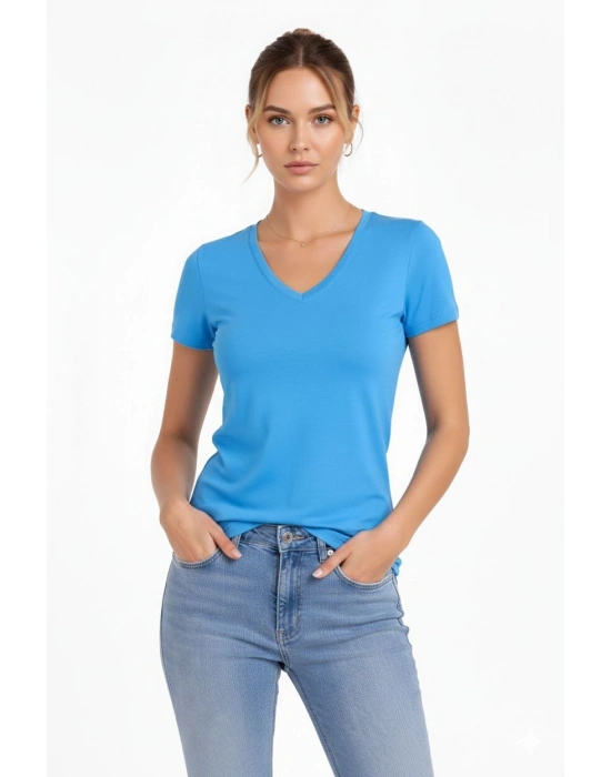Kadın V Yaka Slim Fit Likralı Tişört - Açık Mavi