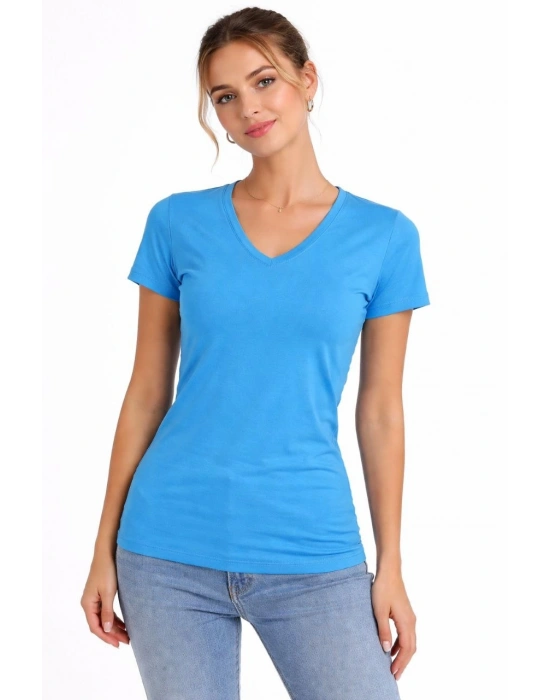Kadın V Yaka Slim Fit Likralı Tişört - Açık Mavi
