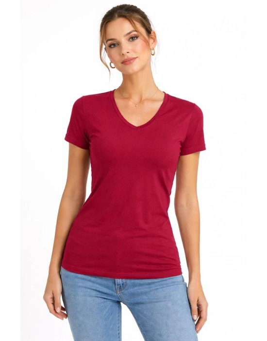 Kadın V Yaka Slim Fit Likralı Tişört - Bordo