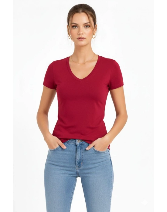 Kadın V Yaka Slim Fit Likralı Tişört - Bordo