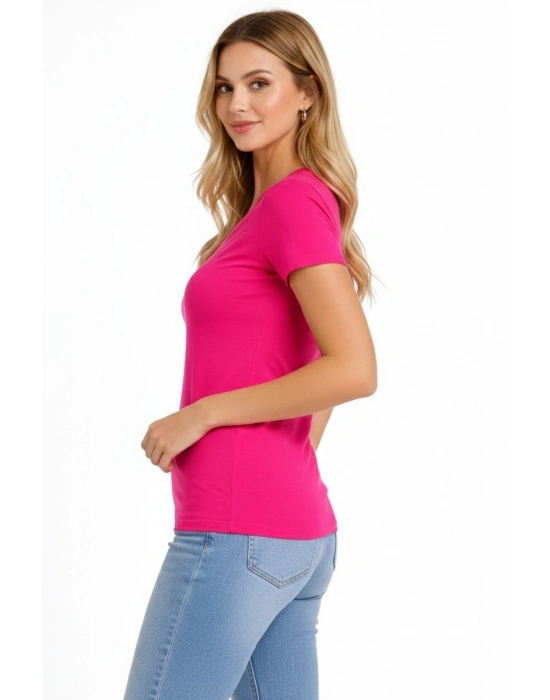 Kadın V Yaka Slim Fit Likralı Tişört - Pembe