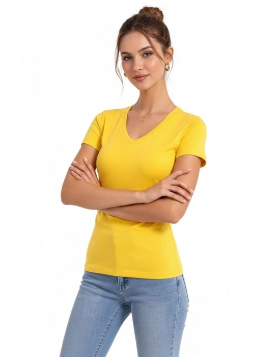 Kadın V Yaka Slim Fit Likralı Tişört - Sarı