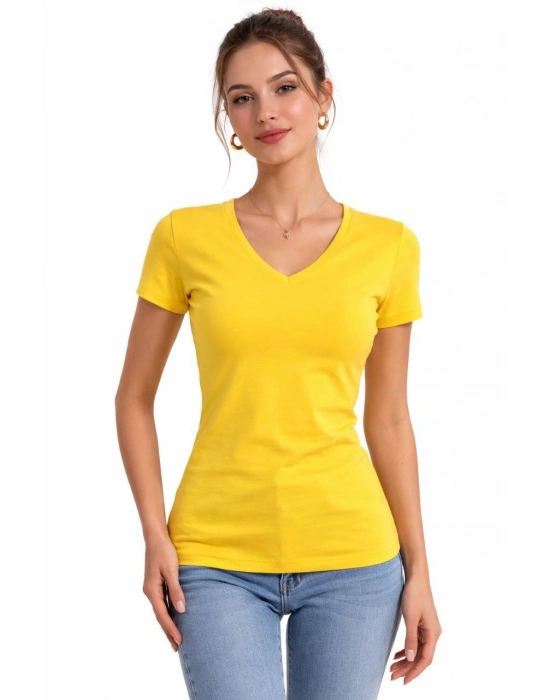 Kadın V Yaka Slim Fit Likralı Tişört - Sarı