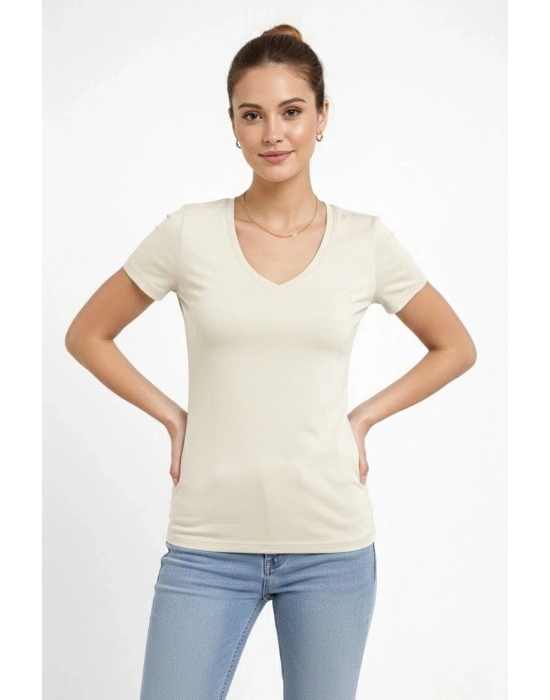 Kadın V Yaka Slim Fit Likralı Tişört - Taş