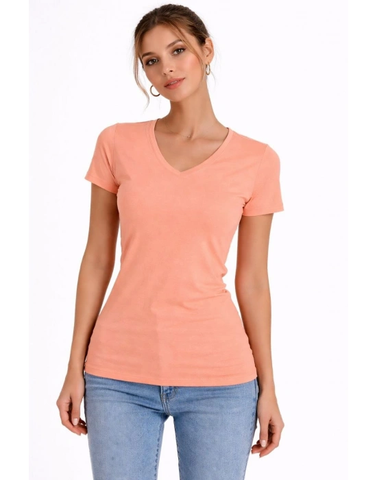 Kadın V Yaka Slim Fit Likralı Tişört - Toz Pembe