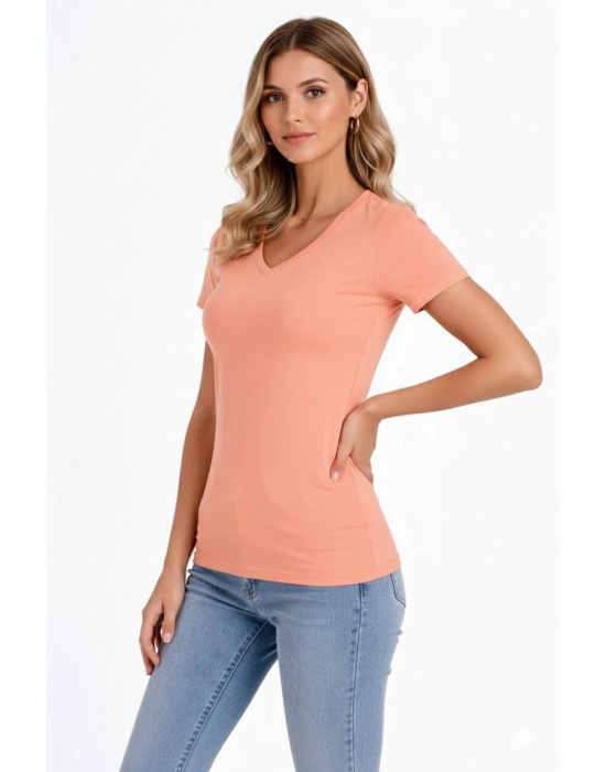 Kadın V Yaka Slim Fit Likralı Tişört - Toz Pembe