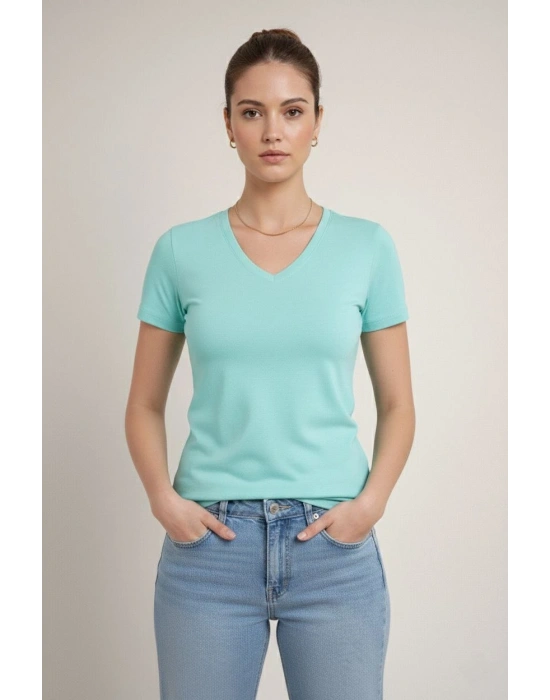 Kadın V Yaka Slim Fit Likralı Tişört - Turkuvaz