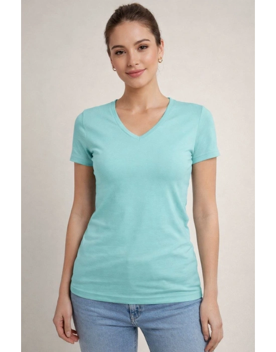 Kadın V Yaka Slim Fit Likralı Tişört - Turkuvaz