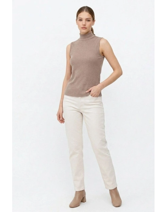 Kadın Yarım Balıkçı Yaka Fitilli Kaşkorse Atlet Basic Şık Bluz Badi - Bej