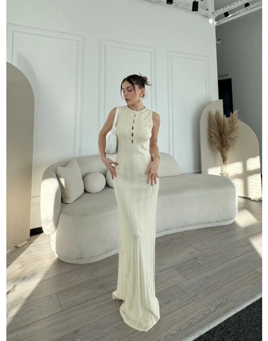 Kalın Fitilli Uzun Triko Elbise - Kırık Beyaz -