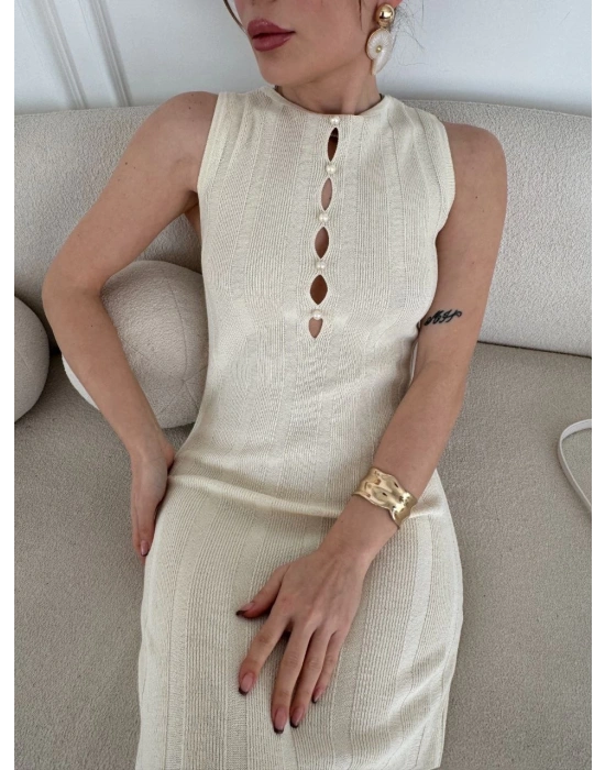 Kalın Fitilli Uzun Triko Elbise - Kırık Beyaz -