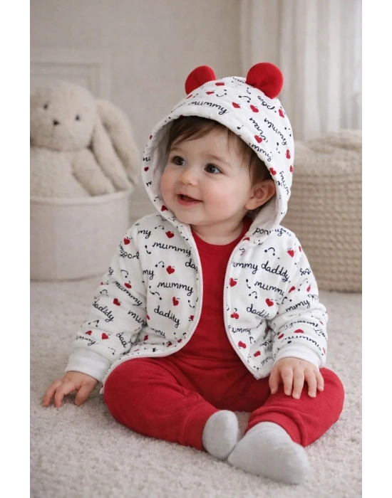 Kalp Desenli Kulaklı 3 Lü Kız Bebek Takımı