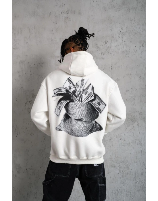 Kanguru Cep Baskılı Kapüşonlu Sweatshirt - Beyaz -