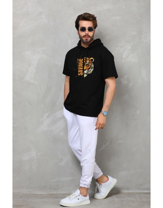 Kapşonlu Kısa Kol Oversize Baskılı T-Shirt - Siyah -