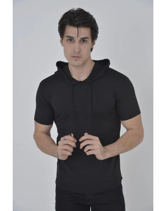Kapşonlu Slim Fit T-shirt - Siyah -