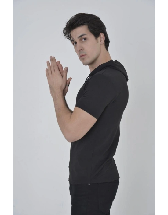 Kapşonlu Slim Fit T-shirt - Siyah -