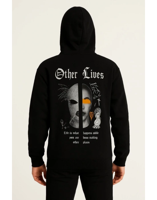 Kapşonlu Sweatshirt “Other Lives” Ön  Arka Baskılı - Siyah -