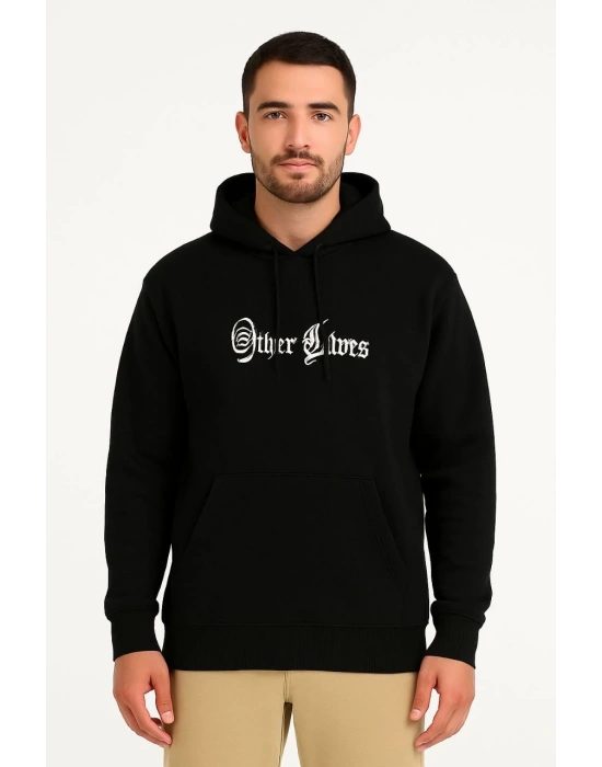 Kapşonlu Sweatshirt “Other Lives” Ön  Arka Baskılı - Siyah -