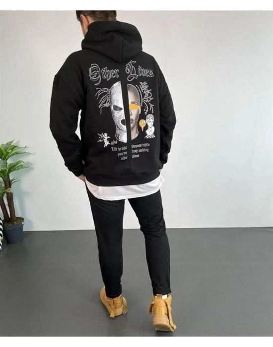 Kapşonlu Sweatshirt“Other Lives” Ön  Arka Baskılı Siyah -