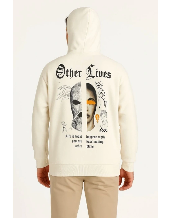 Kapşonlu Sweatshirt – Oversize “Other Lives” Ön  Arka Baskılı- Beyaz -