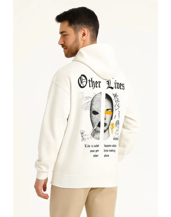 Kapşonlu Sweatshirt – Oversize “Other Lives” Ön  Arka Baskılı- Beyaz -
