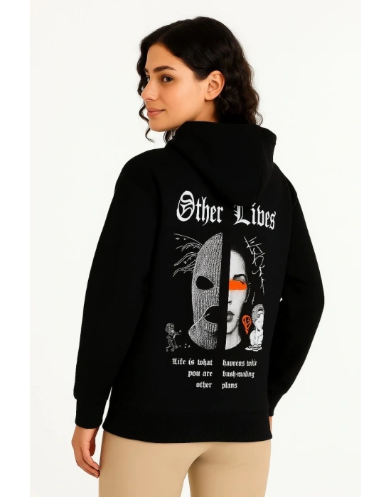 Kapşonlu Sweatshirt – Oversize“Other Lives” Ön  Arka Baskılı, Siyah -