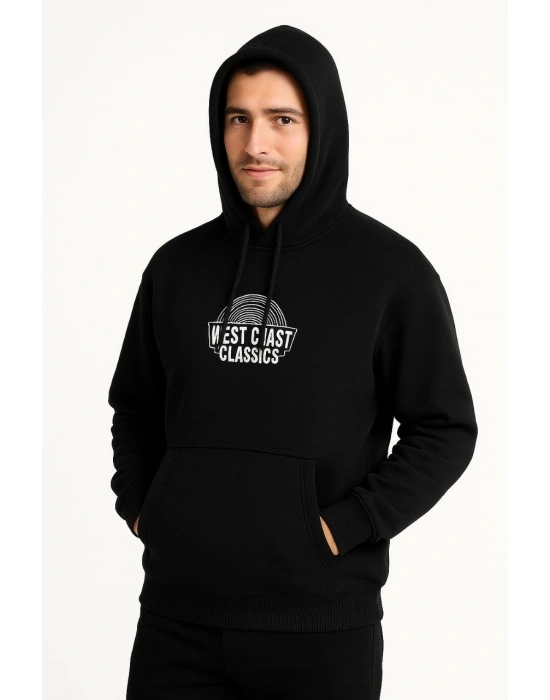 Kapşonlu Sweatshirt – “West Coast Classics” Ön  Arka Baskılı,- Siyah -