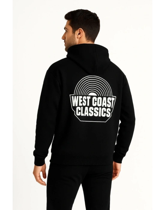 Kapşonlu Sweatshirt – “West Coast Classics” Ön  Arka Baskılı,- Siyah -