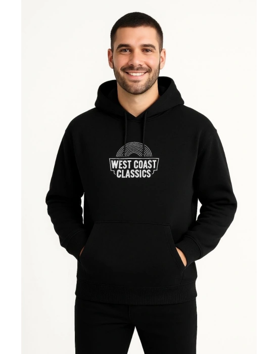 Kapşonlu Sweatshirt – “West Coast Classics” Ön  Arka Baskılı,- Siyah -