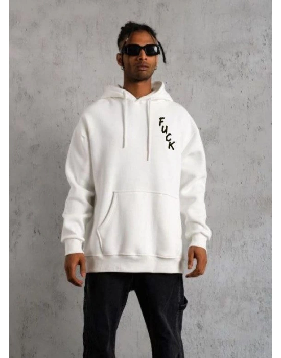 Kapşonlu Uzun Kol Baskılı Sweetshirt - Beyaz -
