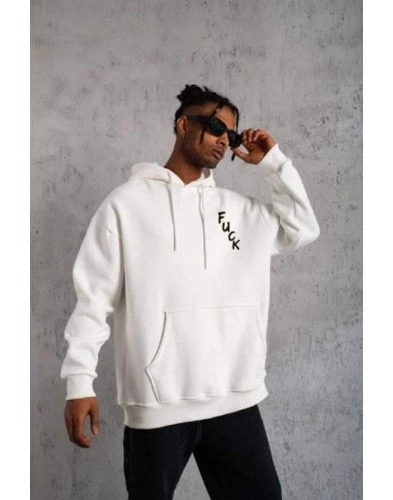 Kapşonlu Uzun Kol Baskılı Sweetshirt - Beyaz -