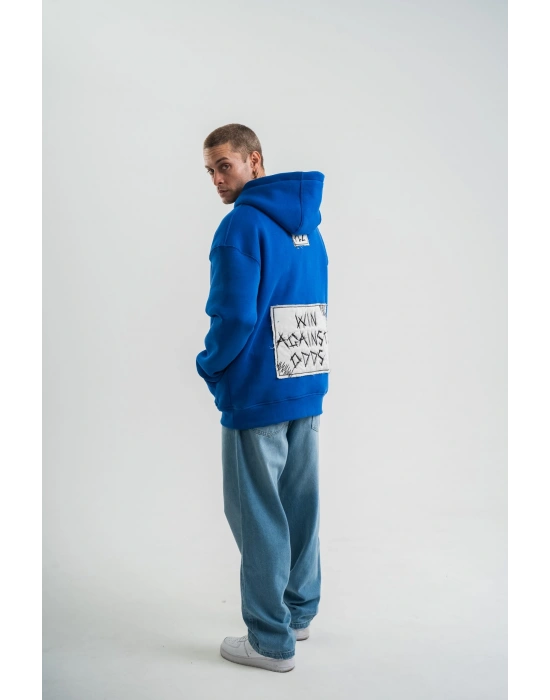 Kapşonlu Uzun Kol Patchli Nakışlı SweatShirt - Mavi -