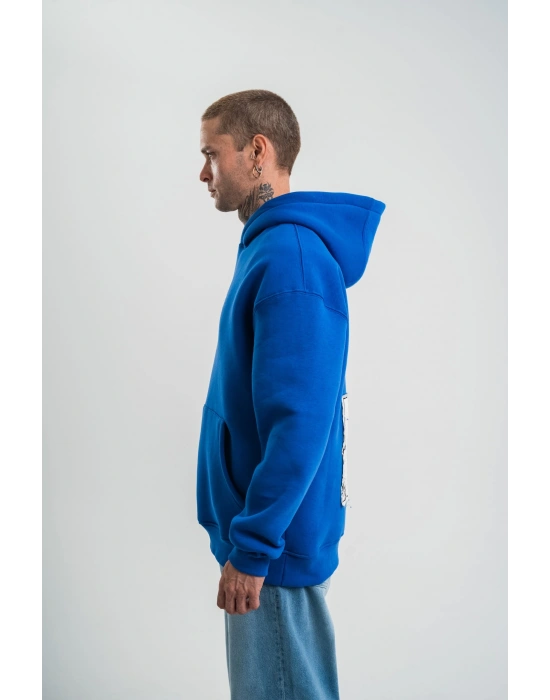 Kapşonlu Uzun Kol Patchli Nakışlı SweatShirt - Mavi -