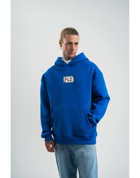 Kapşonlu Uzun Kol Patchli Nakışlı SweatShirt - Mavi -