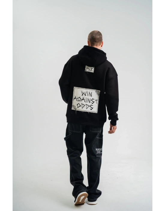 Kapşonlu Uzun Kol Patchli Nakışlı SweatShirt - Siyah