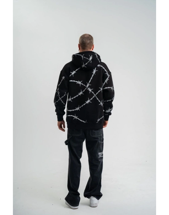 Kapşonlu Varak ve Pano Baskılı SweatShirt- Siyah -