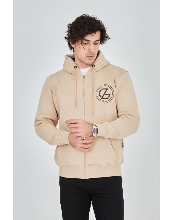 Kapüşonlu Baskılı Fermuarlı Hırka - Bej -