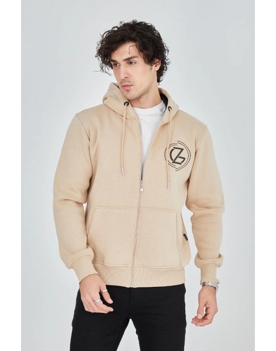 Kapüşonlu Baskılı Fermuarlı Hırka - Bej -