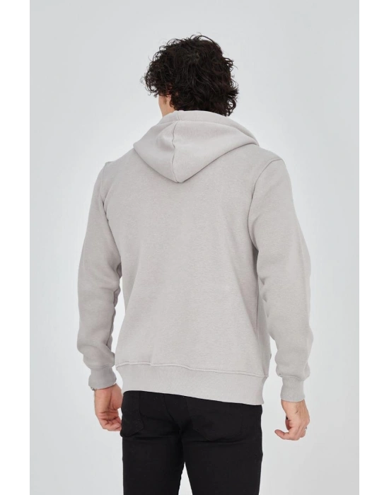 Kapüşonlu Baskılı Fermuarlı Hırka - Boyalı Gri