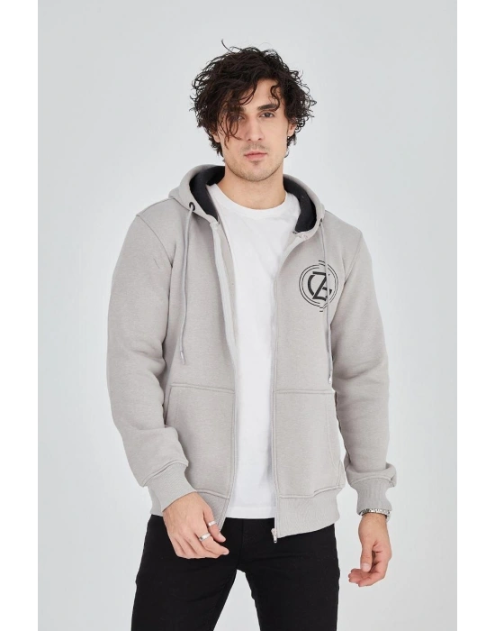 Kapüşonlu Baskılı Fermuarlı Hırka - Boyalı Gri