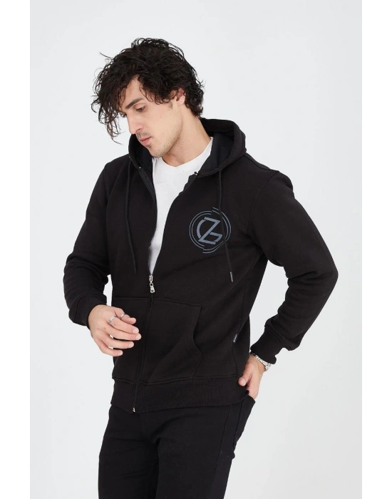 Kapüşonlu Baskılı Fermuarlı Hırka - Siyah -