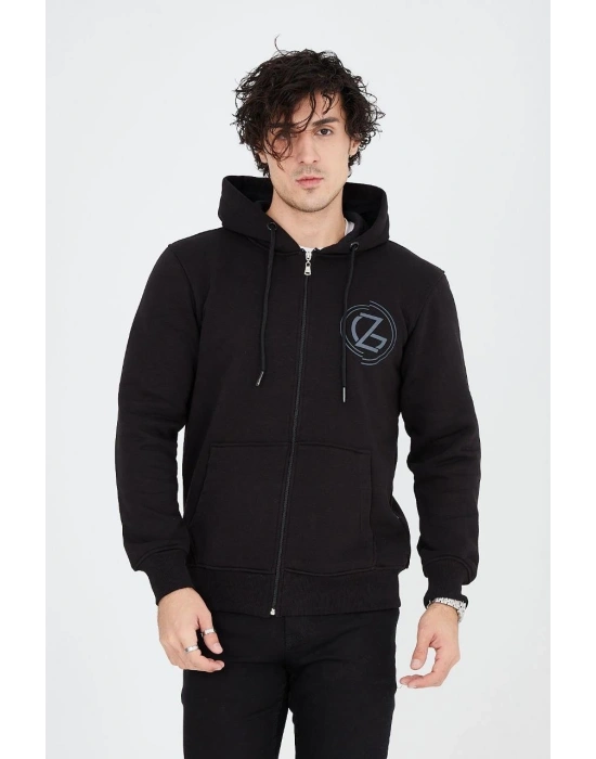 Kapüşonlu Baskılı Fermuarlı Hırka - Siyah -