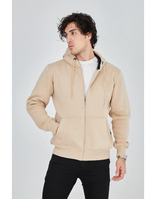 Kapüşonlu Düz Fermuarlı Hırka - Bej