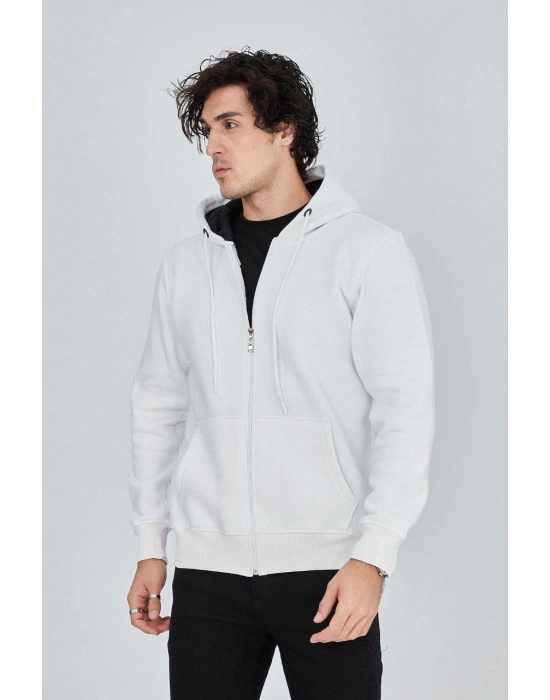 Kapüşonlu Düz Fermuarlı Hırka - Beyaz