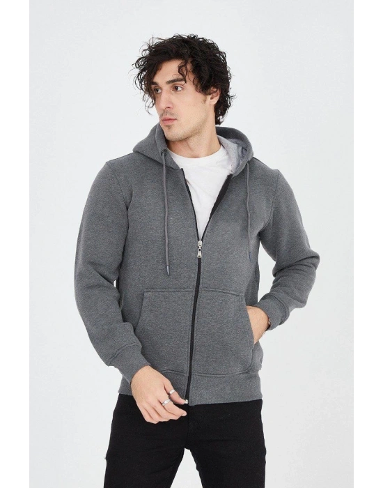 Kapüşonlu Düz Fermuarlı Hırka - Füme